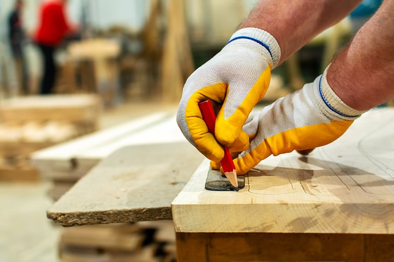 Close-up of a skilled carpenter wearing protective gloves, carefully marking a wooden plank with a pencil before cutting